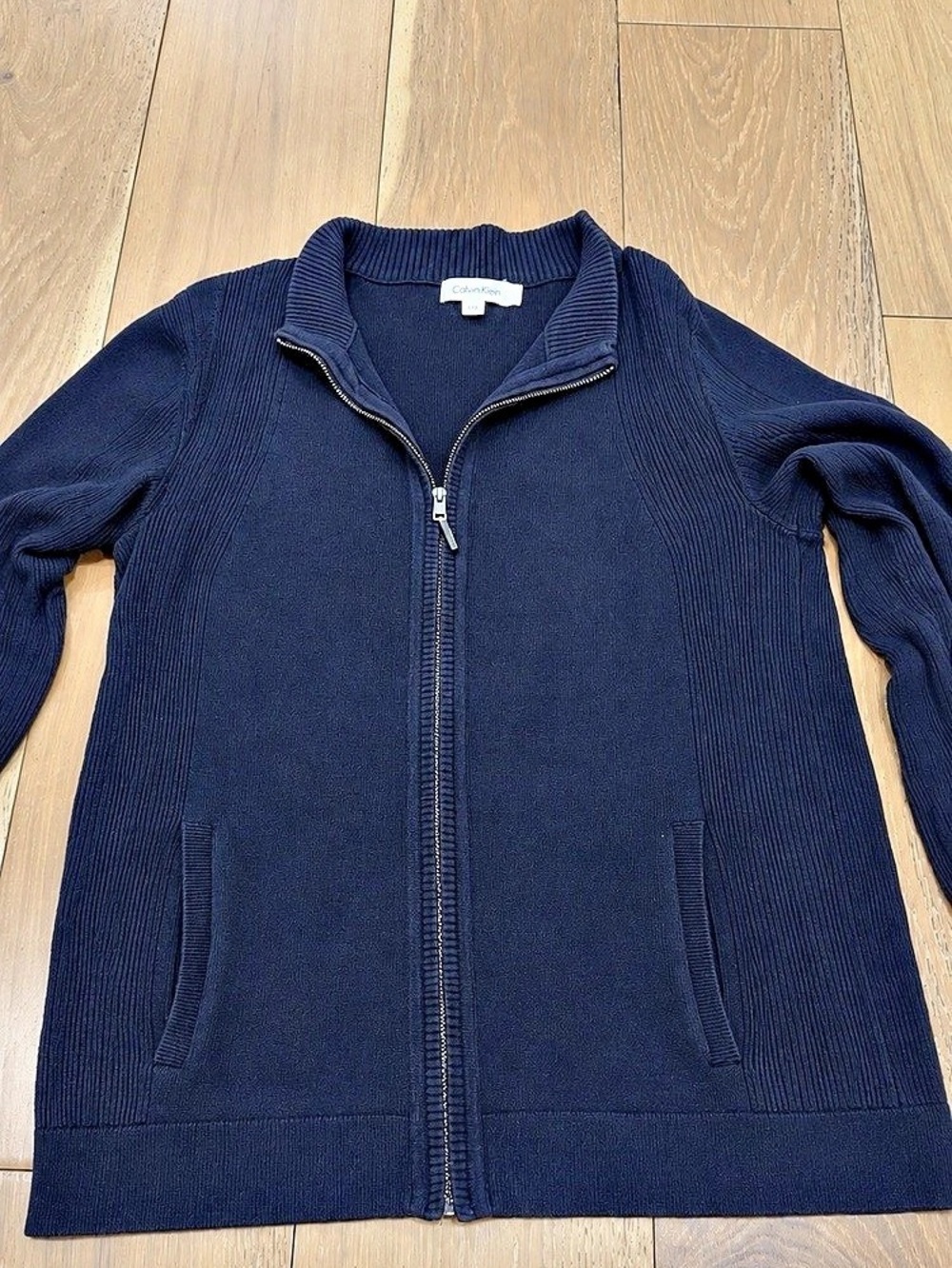 Calvin Klein Full Zip Ribbed Cotton Cardigan Blue
